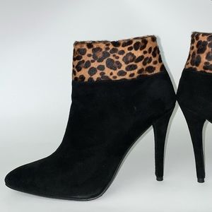Stuart Weitzman heel booties, real animal skin cuff (dyed cheetah), suede lower